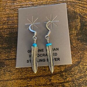 Artisan Silver Feather Earrings with Blue Beads